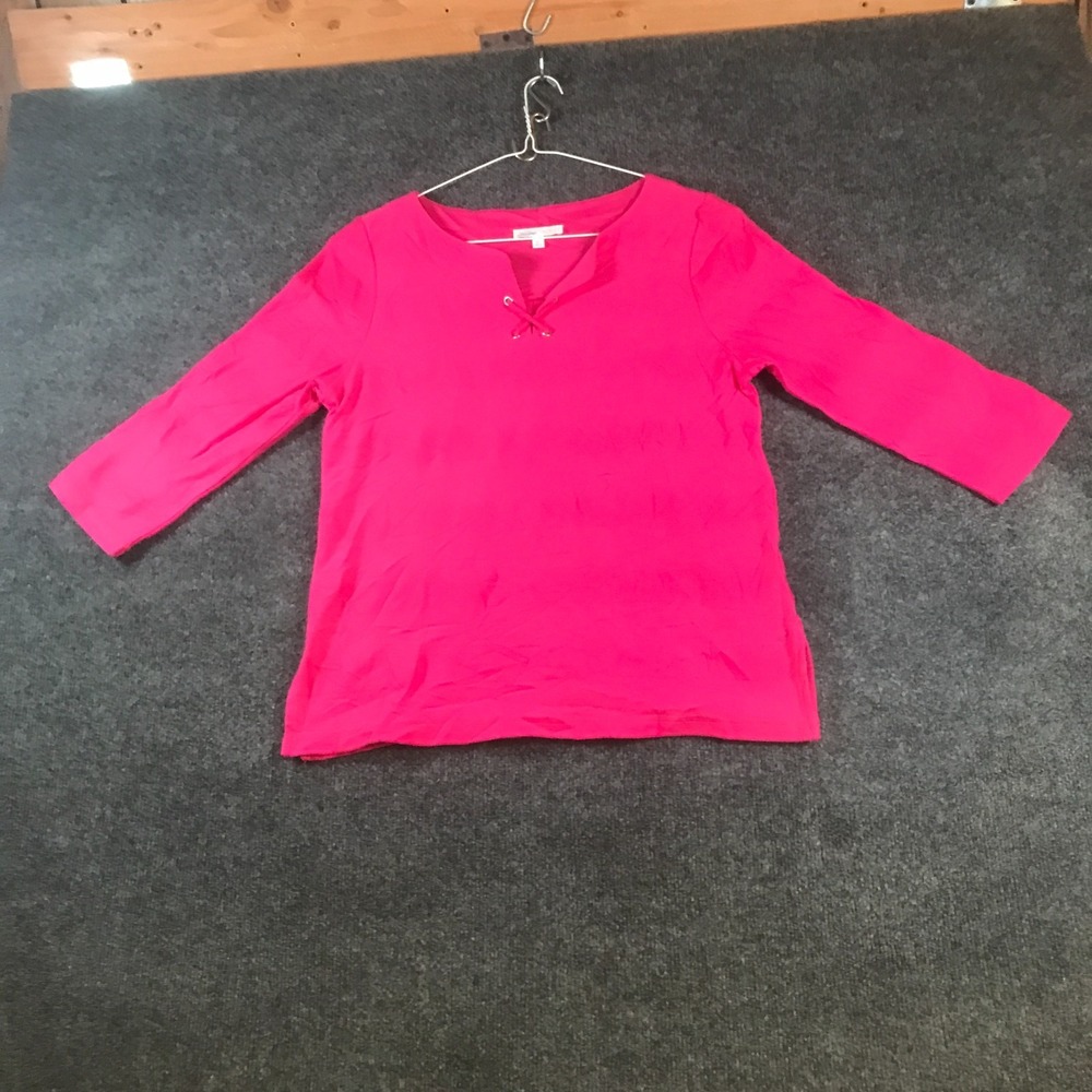Talbots Hello Saturday Top Womens Small Petite Hot Pink Cotton 3/4 Sleeve Modern - Picture 1 of 9